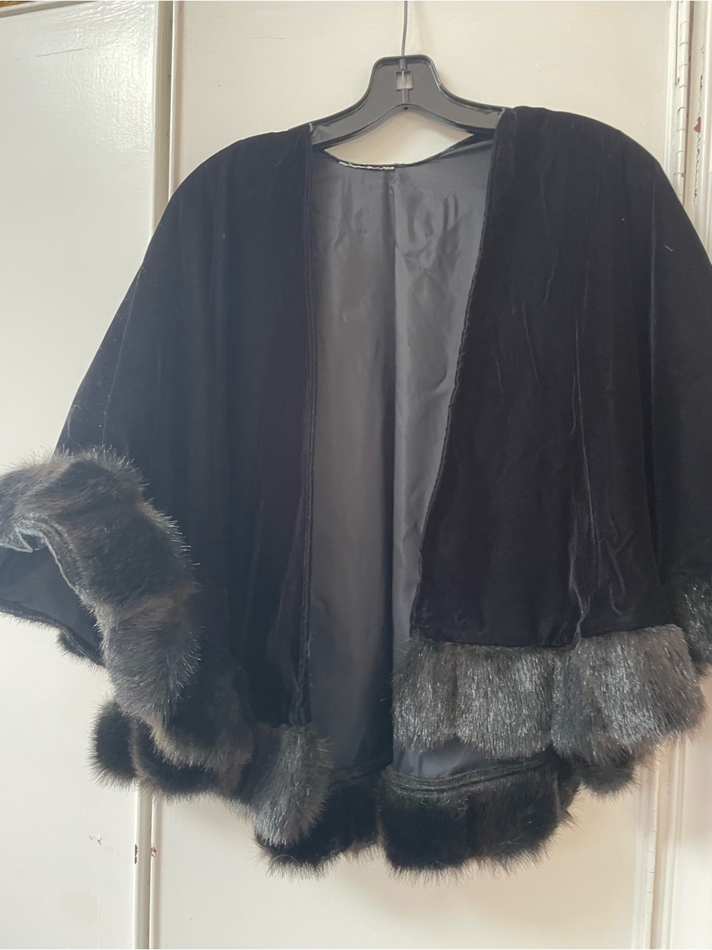 Black Velvet and Faux Fur Trim Women's Cape Sweater